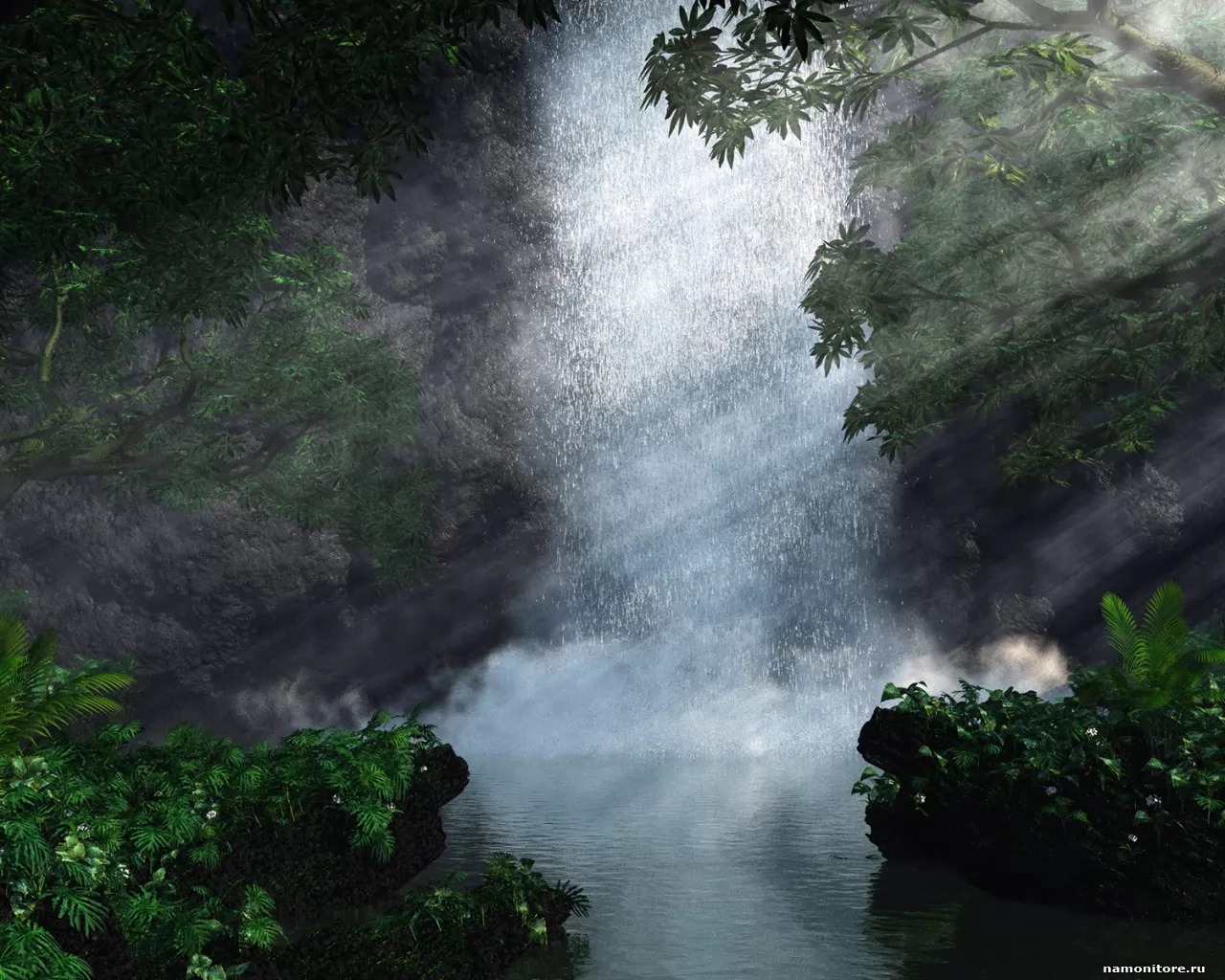 Брызги водопада, водопады, зеленое, лес, природа, рисованное х