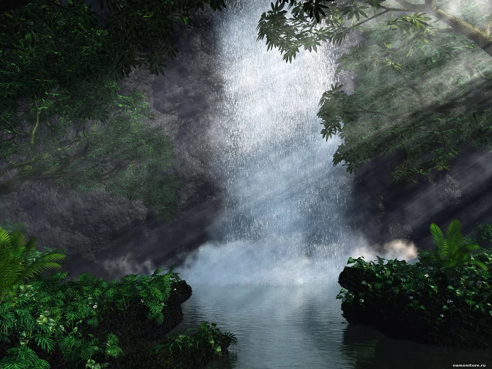 Брызги водопада, водопады, зеленое, лес, природа, рисованное х