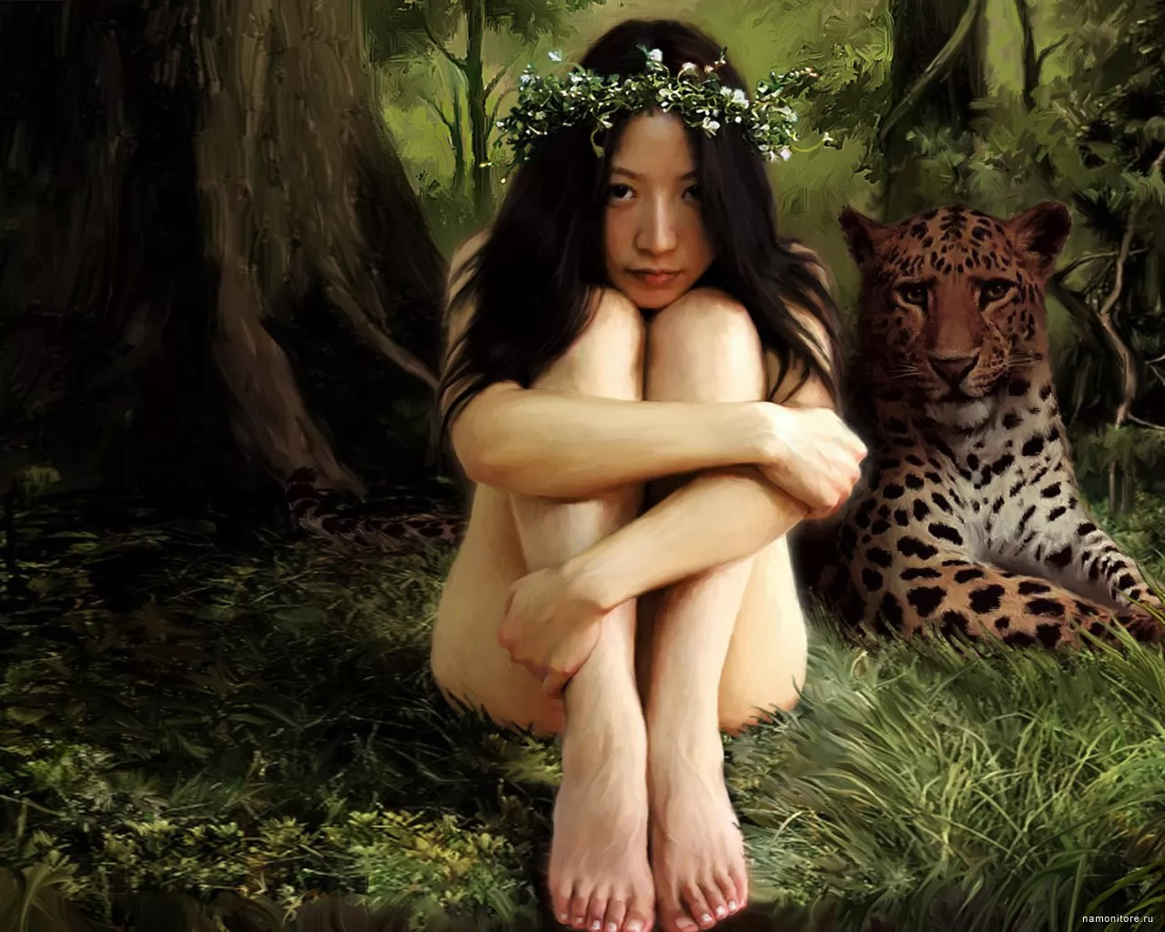 Girl and a leopard, cats, drawed, forest, girls, green, leopards x