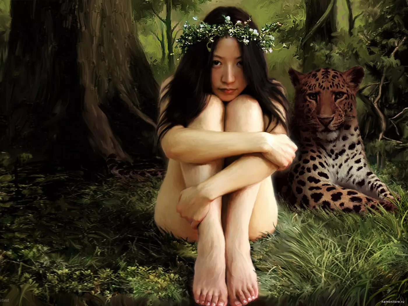 Girl and a leopard, cats, drawed, forest, girls, green, leopards x