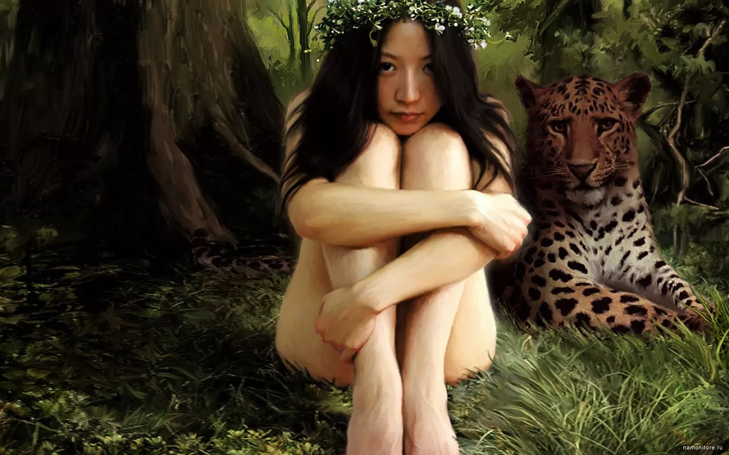Девушка и леопард, девушки, зеленое, кошки, леопарды, лес, рисованное х