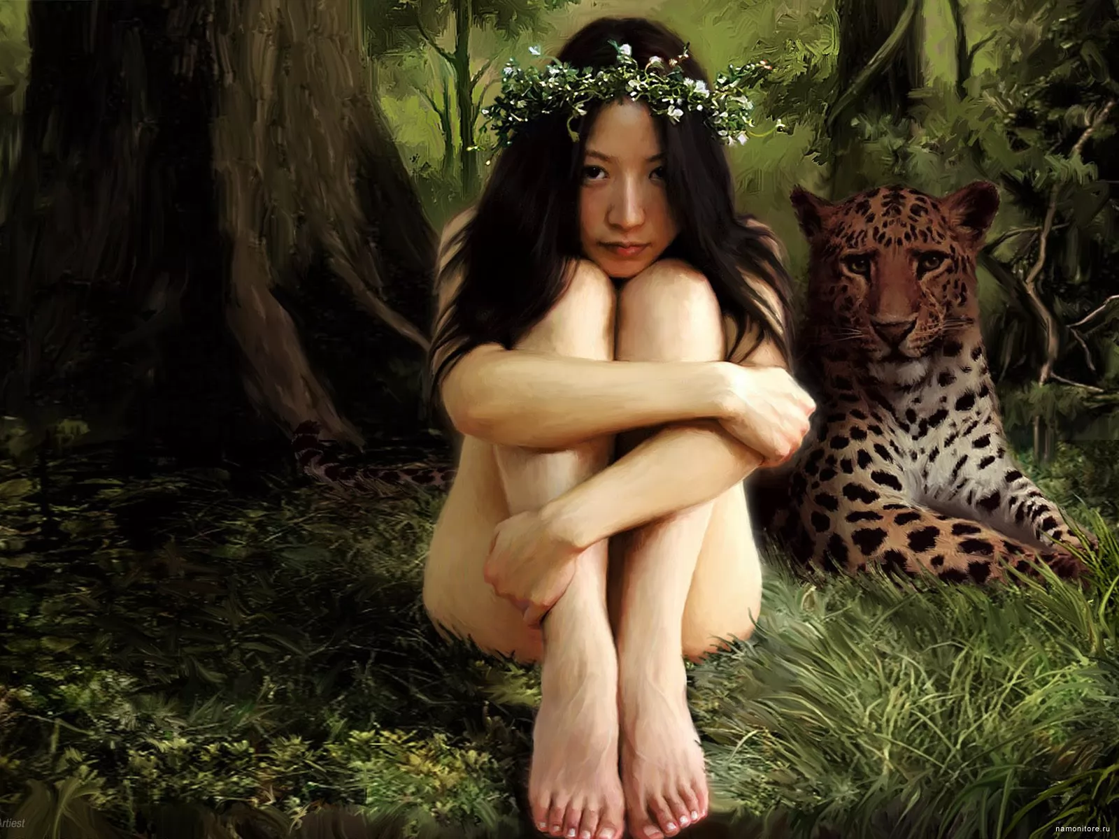 Девушка и леопард, девушки, зеленое, кошки, леопарды, лес, рисованное х