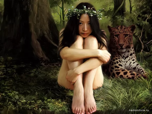 Girl and a leopard, 3D