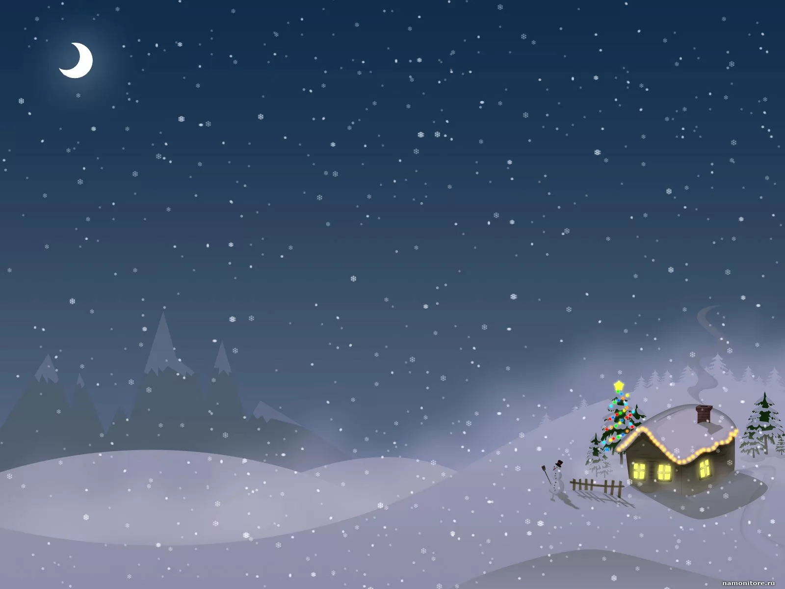 Домик в снегу, зима, лучшее, Новый год, ночь, праздники, рисованное, синее х