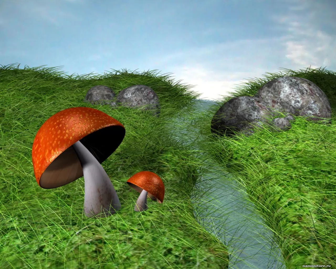 Грибочки, 3D, грибы, зеленое, природа, рисованное х