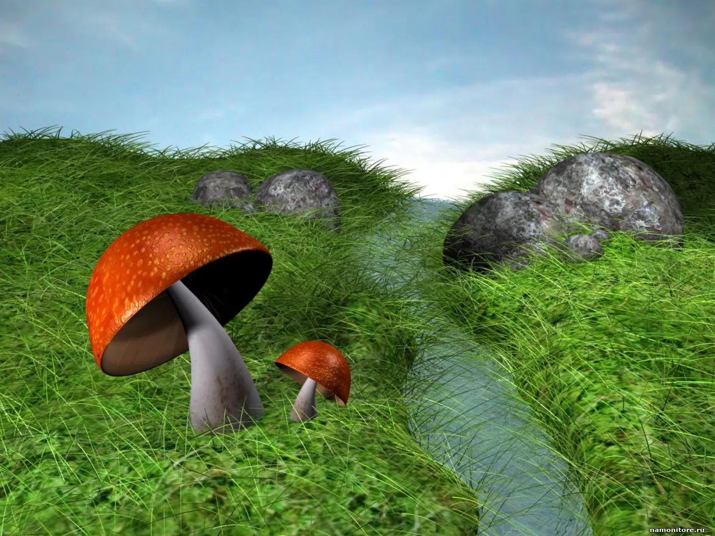 Грибочки, 3D, грибы, зеленое, природа, рисованное х