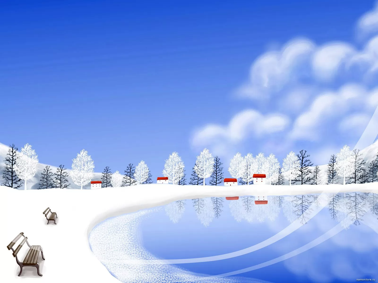 Каток, зима, природа, рисованное, синее х