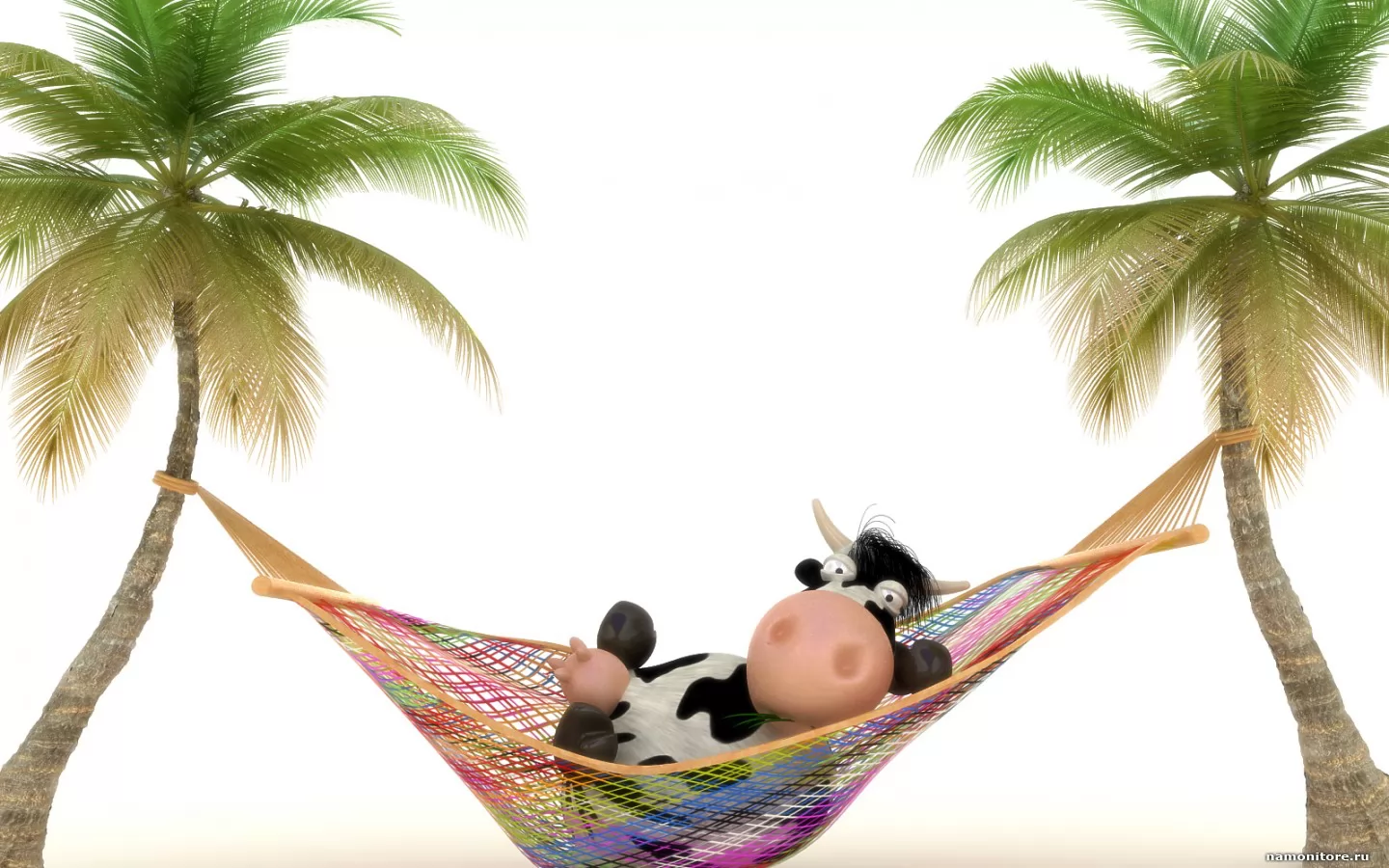 Cow in a hammock, animals, cows, drawed, humour, palm trees, white x