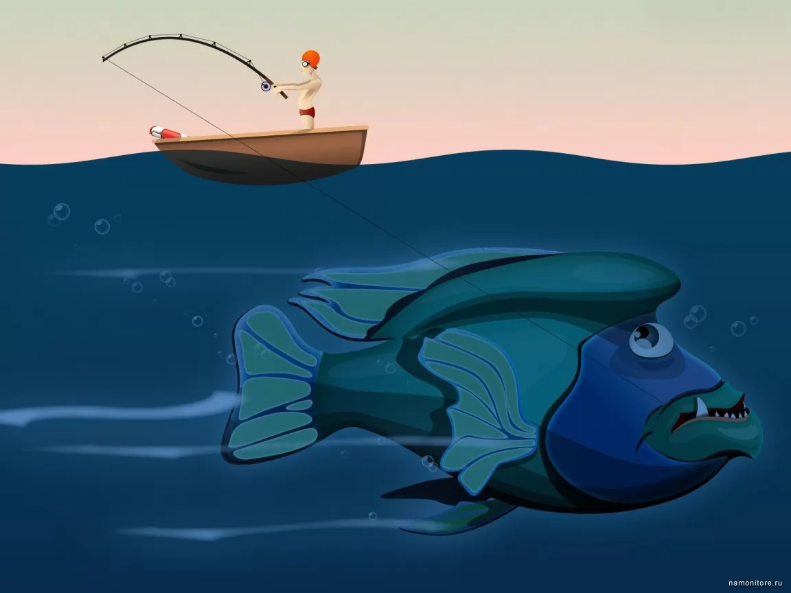 Крупная рыбка, рисованное, рыбак, рыбалка, рыбы, синее, юмор х