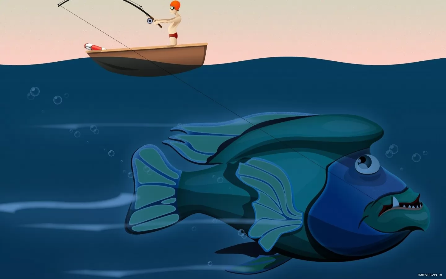 Крупная рыбка, рисованное, рыбак, рыбалка, рыбы, синее, юмор х
