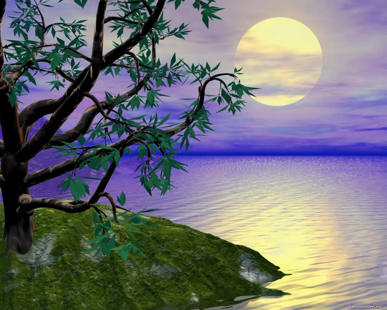 Луна, 3D, луна, остров, пейзажи, побережье, природа, рисованное, сиреневое х