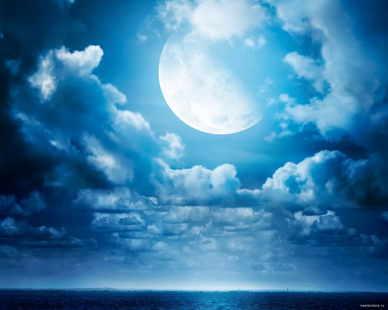Луна, луна, море, ночь, рисованное, синее х
