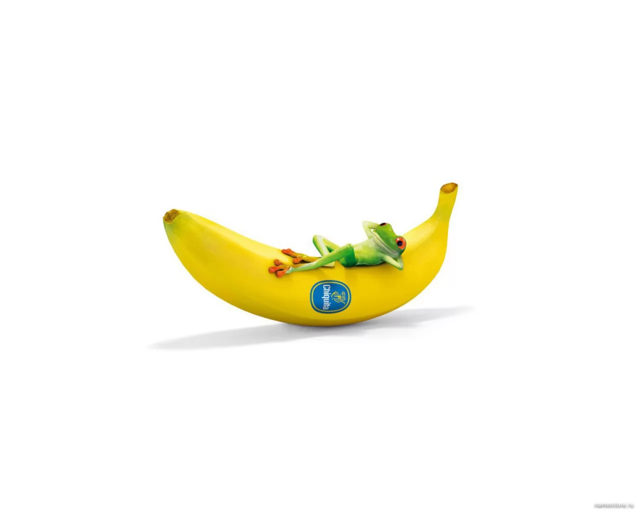 Frog on a banana, 3D, drawed, frogs, fruit, white, yellow x