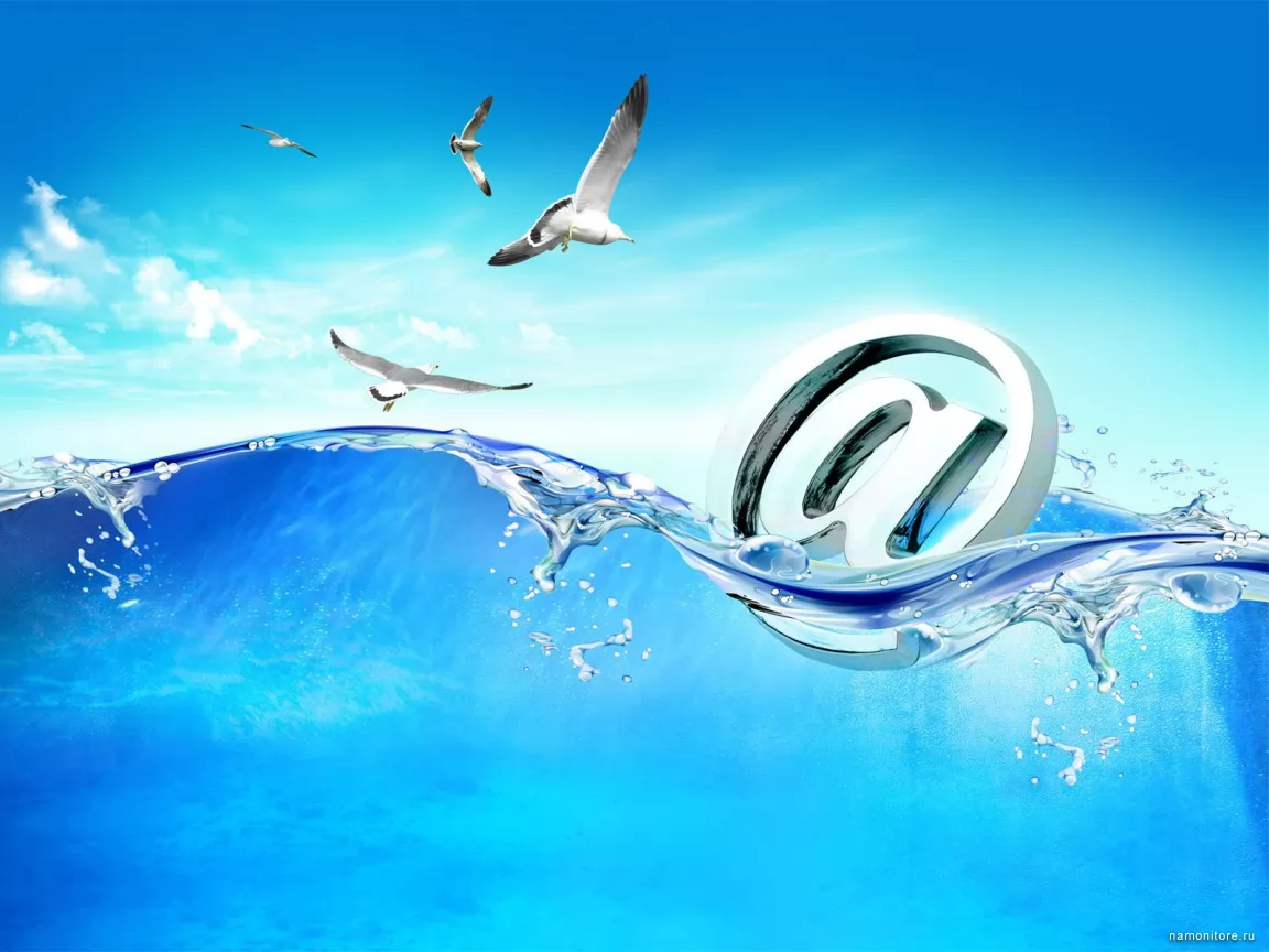 On waves, 3D, birds, computers and programs, dark blue, drawed, sea, seagulls, wave x
