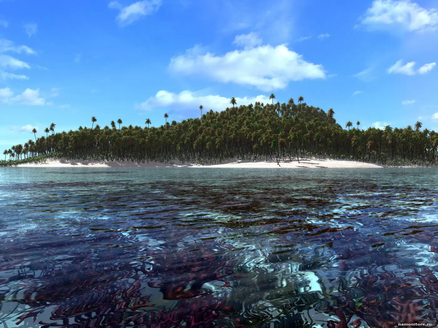Необитаемый остров, лучшее, остров, пальмы, пейзажи, природа, рисованное, синее, тропики х