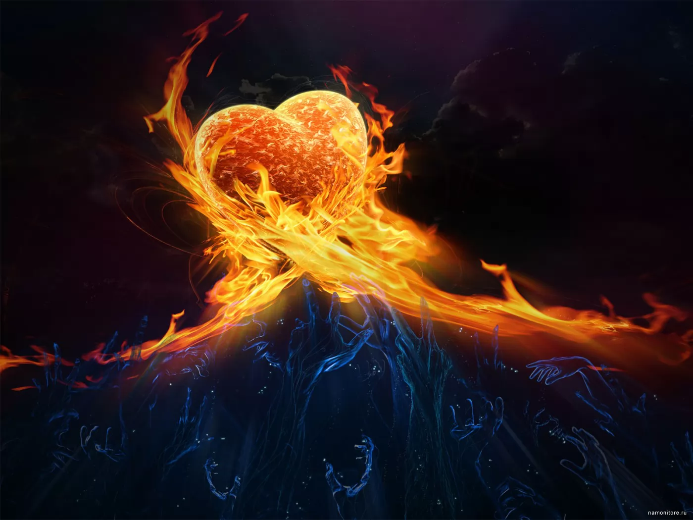 Пламенное сердце, 3D, любовь, оранжевое, рисованное, сердце, фиолетовое х