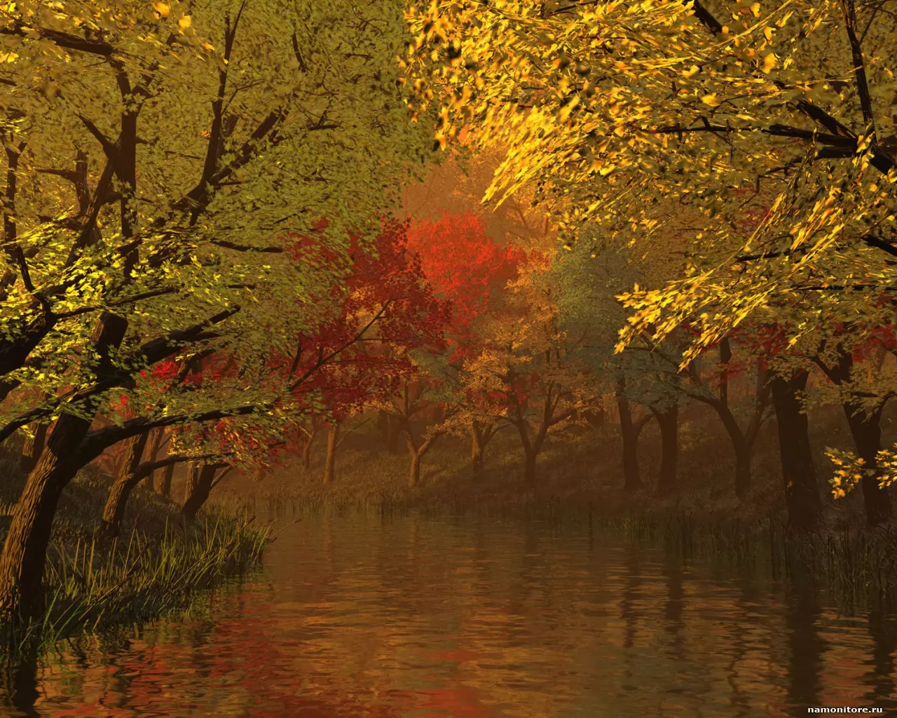 По реке в осень, 3D, жёлтое, золотистое, лес, осень, природа, рисованное х