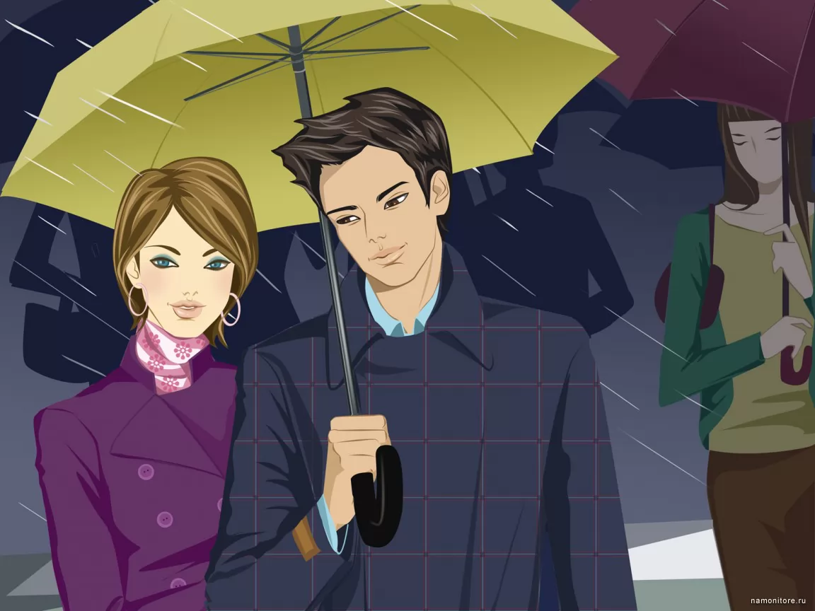 Под зонтом, влюбленные пары, рисованное х