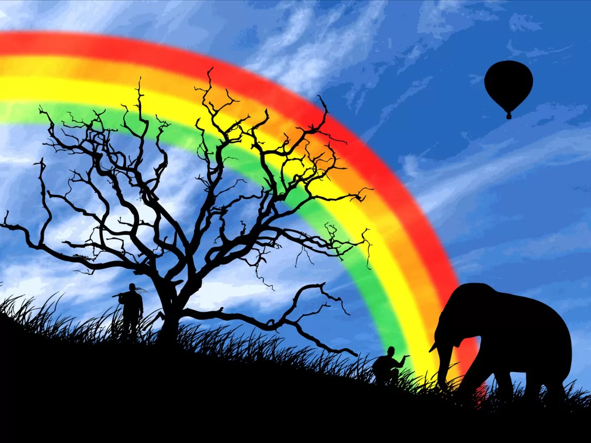 The Rainbow, balloons, best, dark blue, drawed, elephants, nature, rainbow x