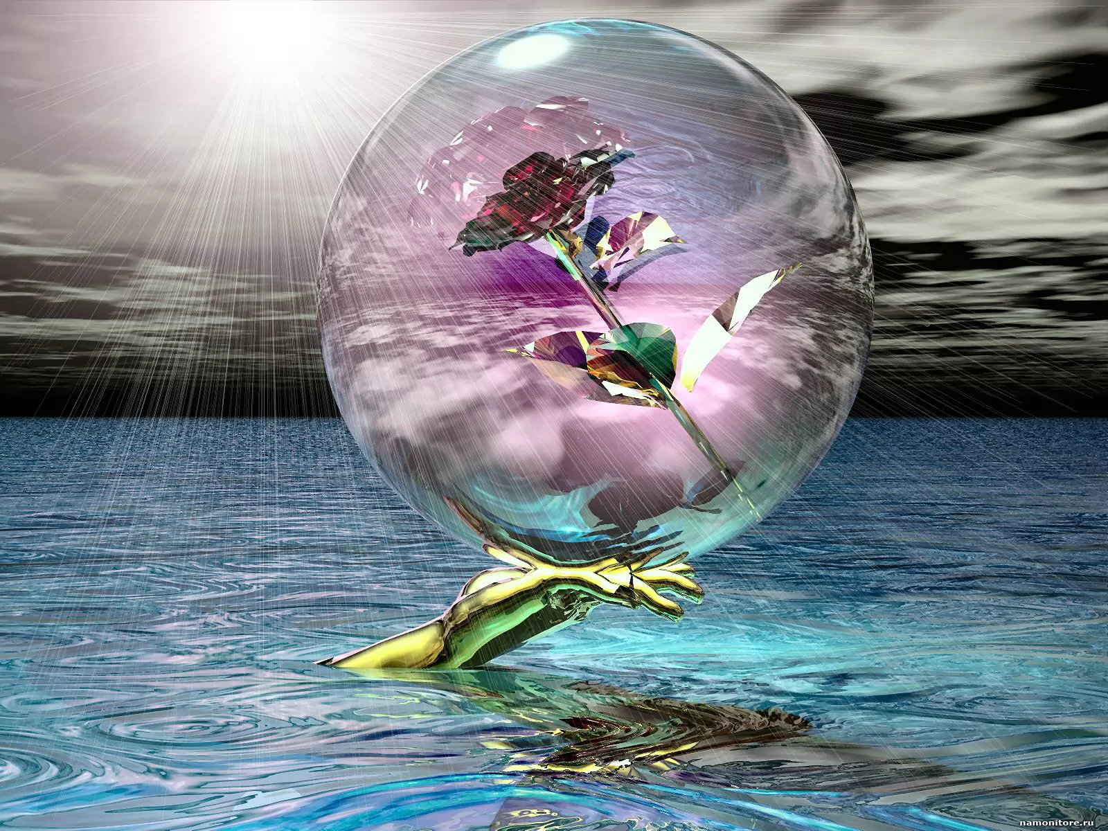 Движение счастья жизни. Цветы в стеклянном шаре. Сказочные цветы. Цветы в сосуде. Цветы на воде.