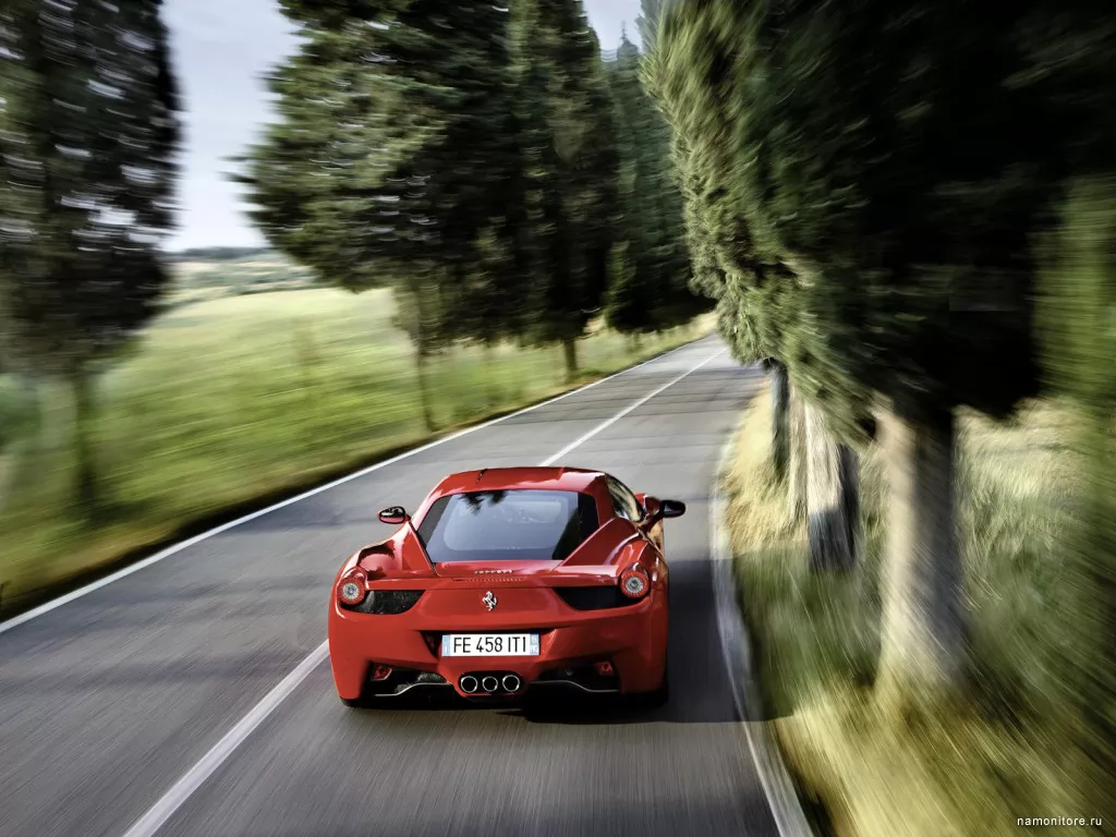 Ferrari 458 Italia летит по дороге, Ferrari, автомобили, зеленое, красное, скорость, спорткар, техника, шоссе х