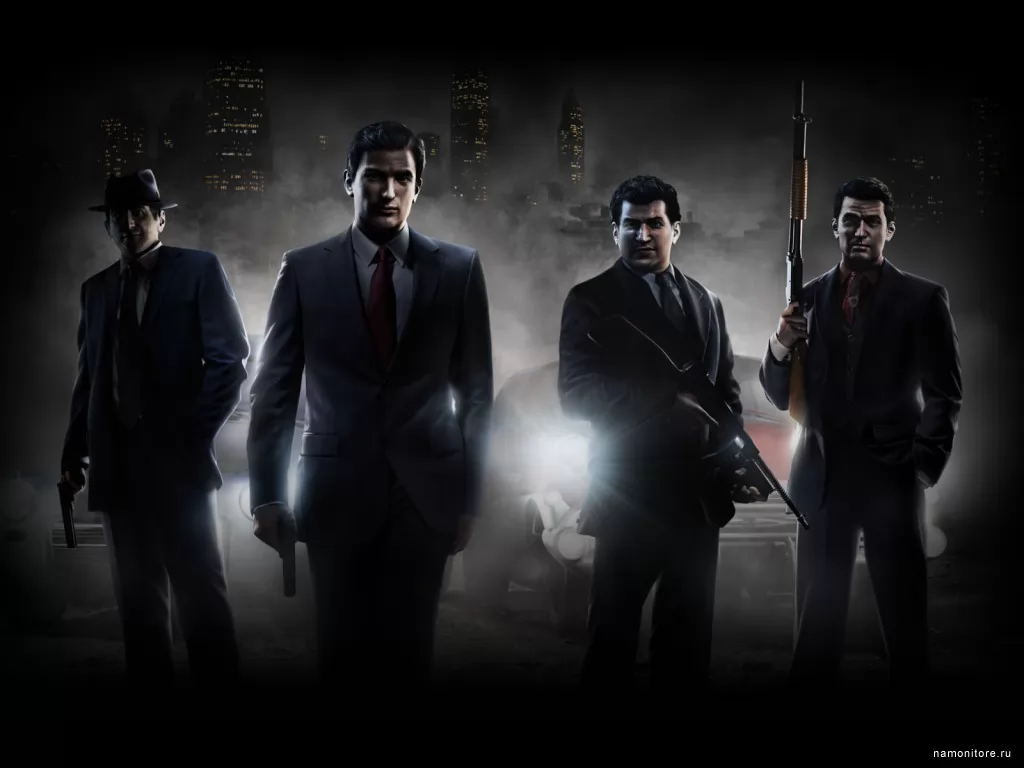 Mafia 2, 3D, компьютерные игры, мужчины, оружие, рисованное, чёрное х