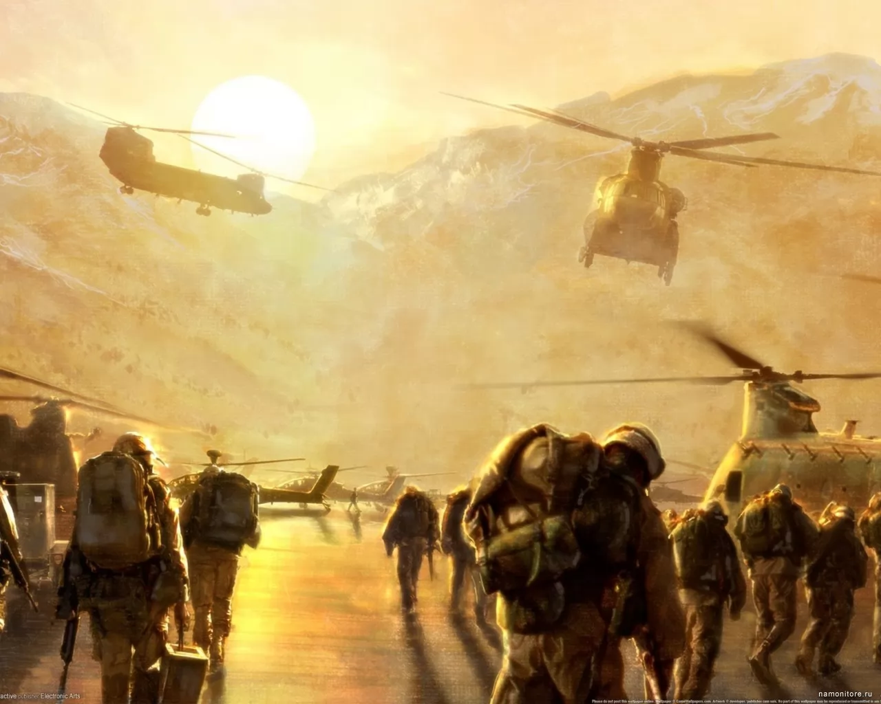 Medal of Honor, вертолет, компьютерные игры, коричневое, мужчины, оружие, рисованное х
