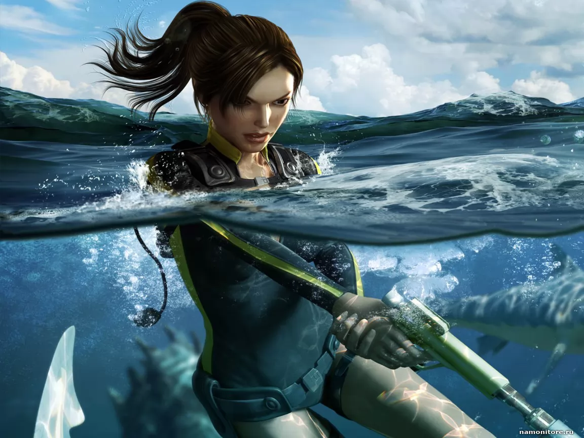 Tomb Raider: Underworld, computer games, dark blue, girls, guns x