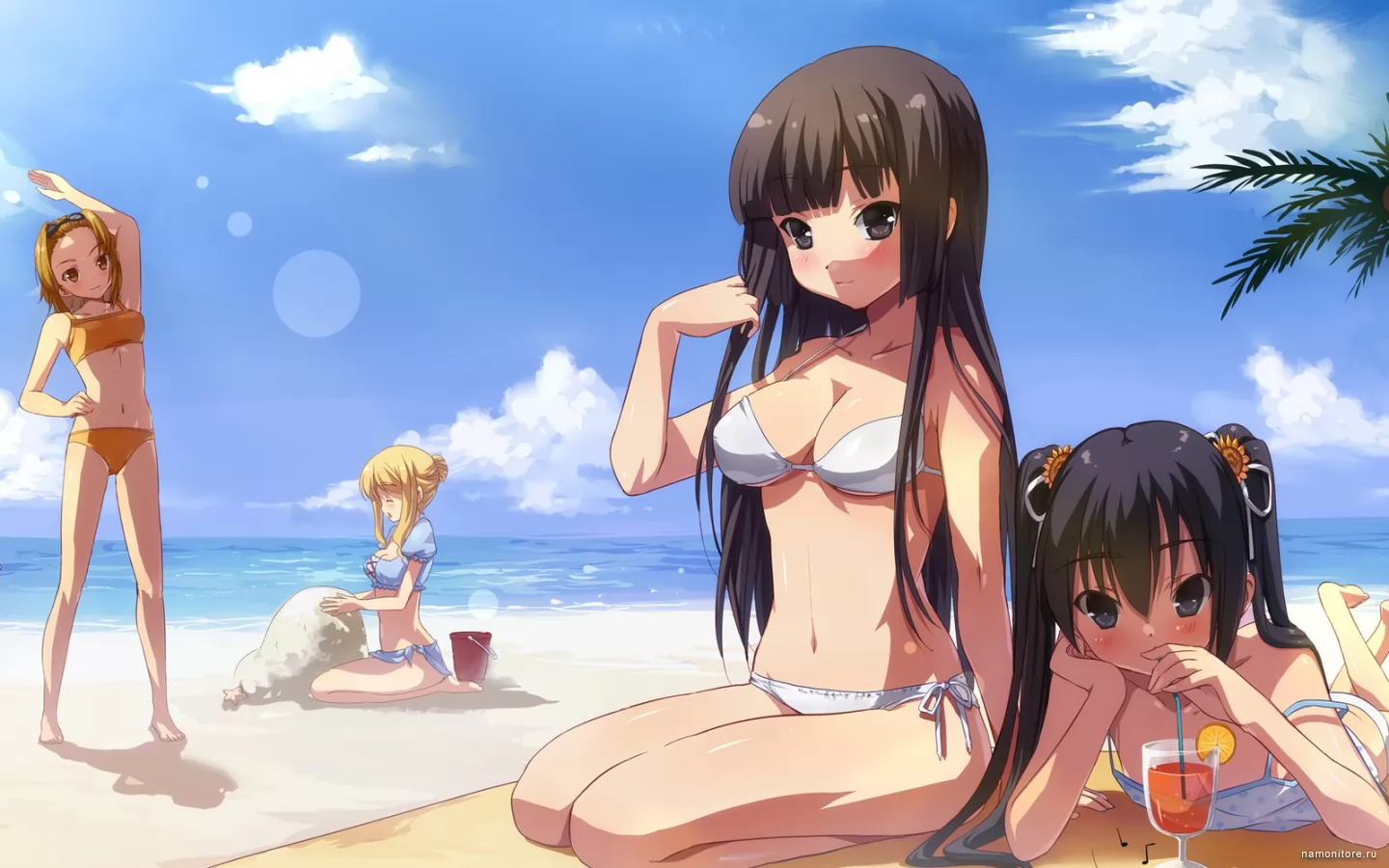 Девушки в купальниках на пляже, аниме, девушки, побережье, рисованное, сине...