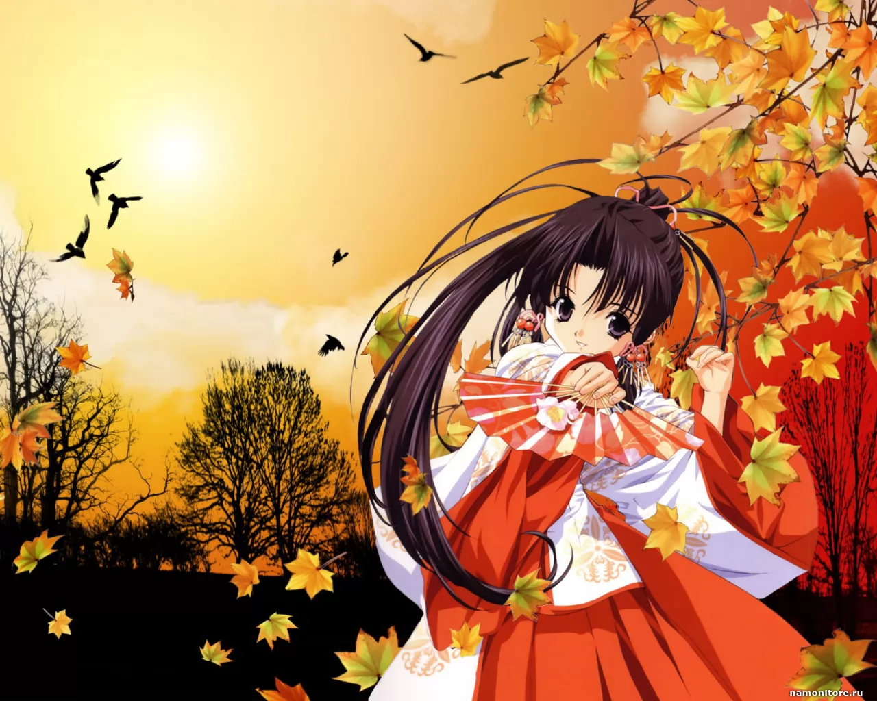 Осень, аниме, девушки, лучшее, оранжевое, осень, рисованное х