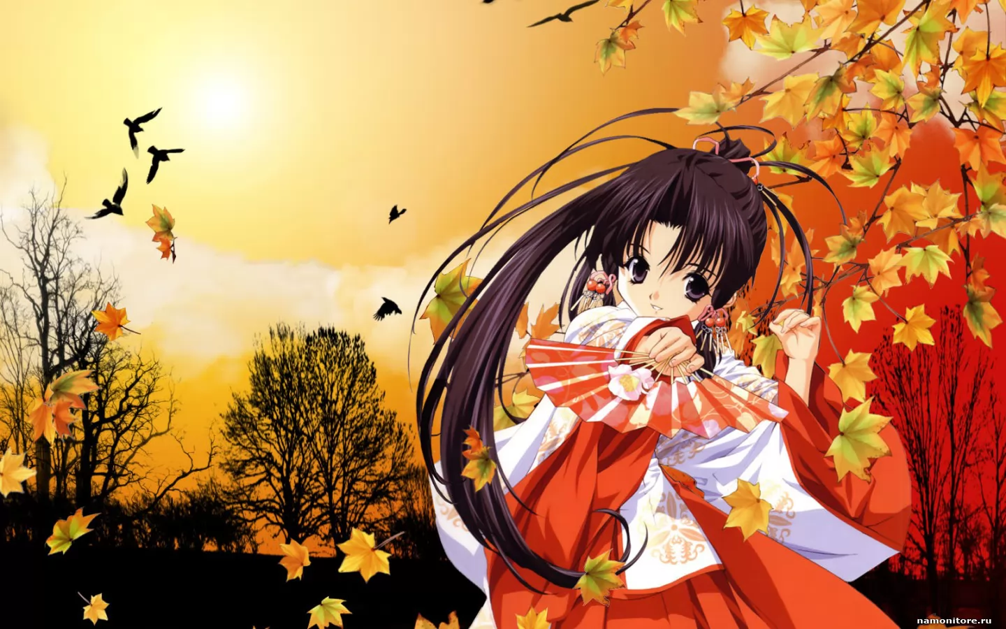 Осень, аниме, девушки, лучшее, оранжевое, осень, рисованное х
