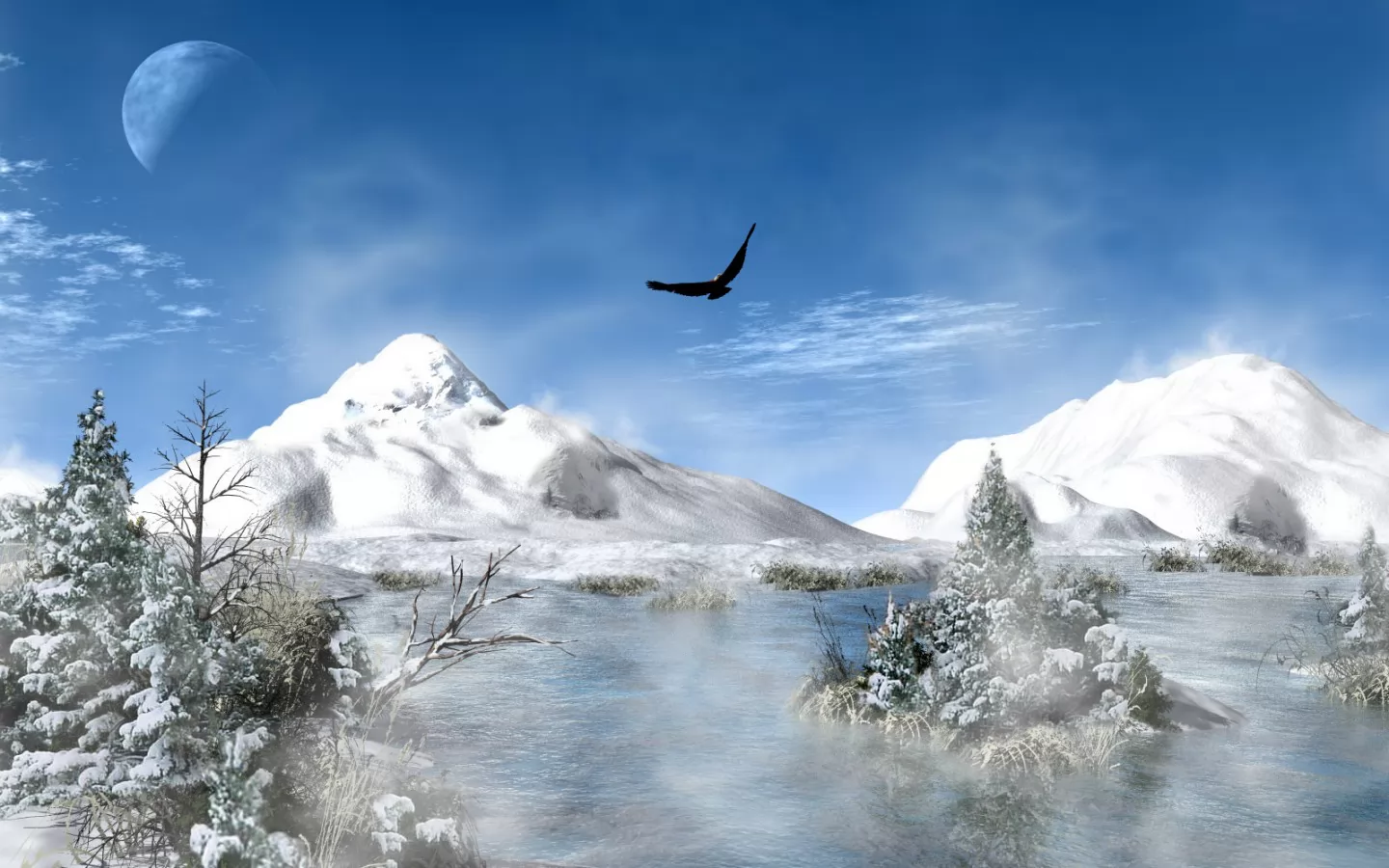 Парящий орел, горы, зима, орлы, пейзажи, полёт, природа, рисованное, синее х