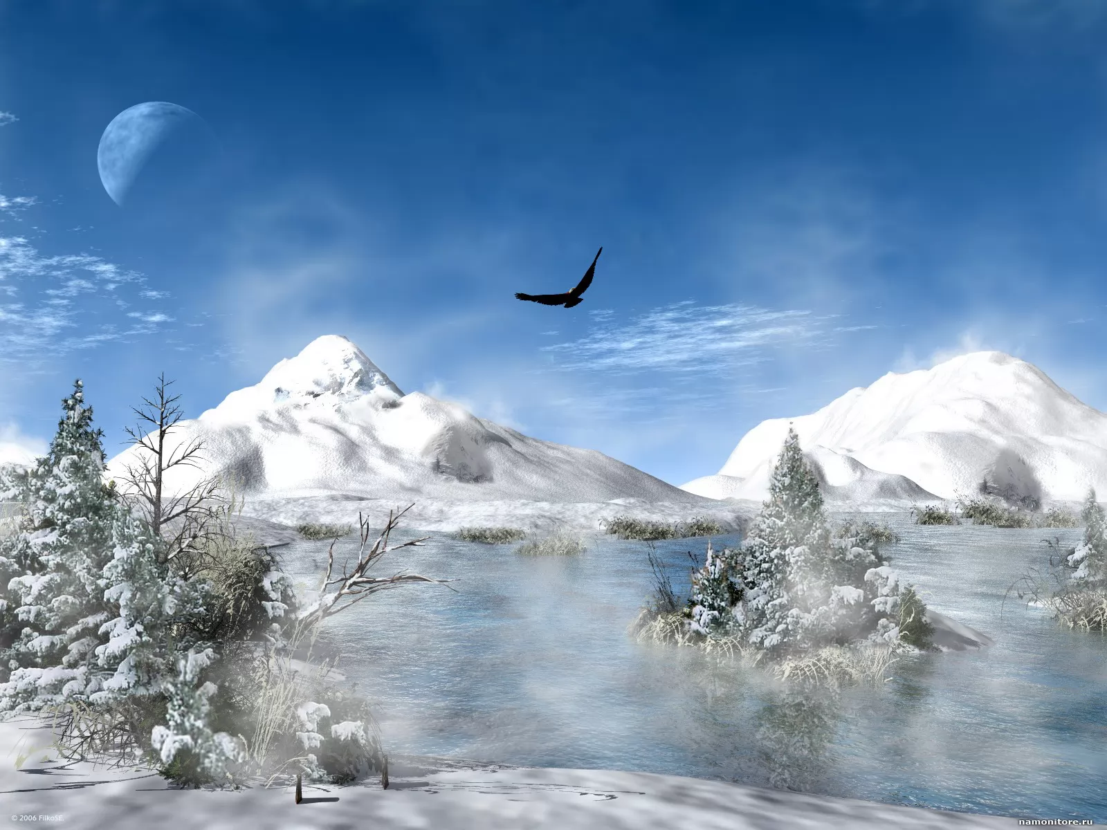 Парящий орел, горы, зима, орлы, пейзажи, полёт, природа, рисованное, синее х