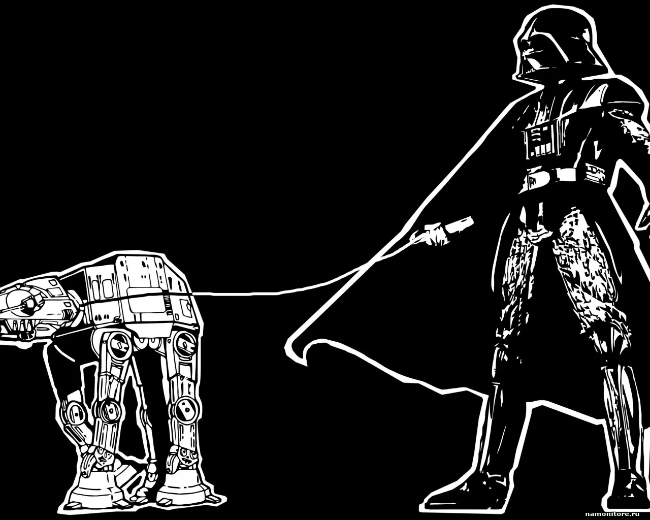 Дарт Вейдер выгуливает AT-AT на поводке, Star Wars, рисованное, чёрное х