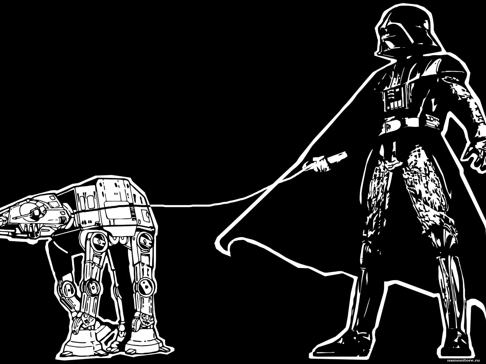 Дарт Вейдер выгуливает AT-AT на поводке, Star Wars, рисованное, чёрное х