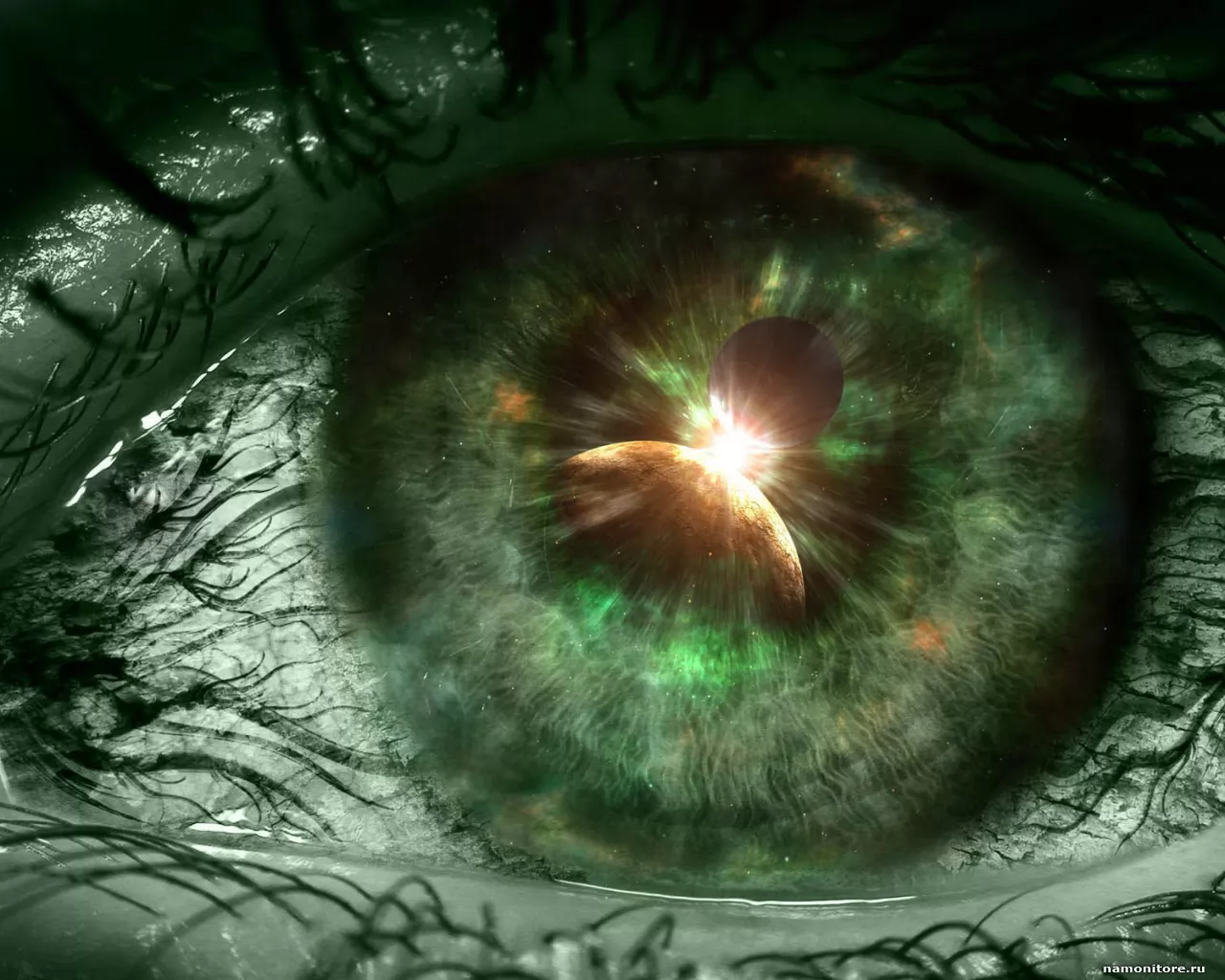 Отражение вселенной, глаз, зеленое, рисованное х