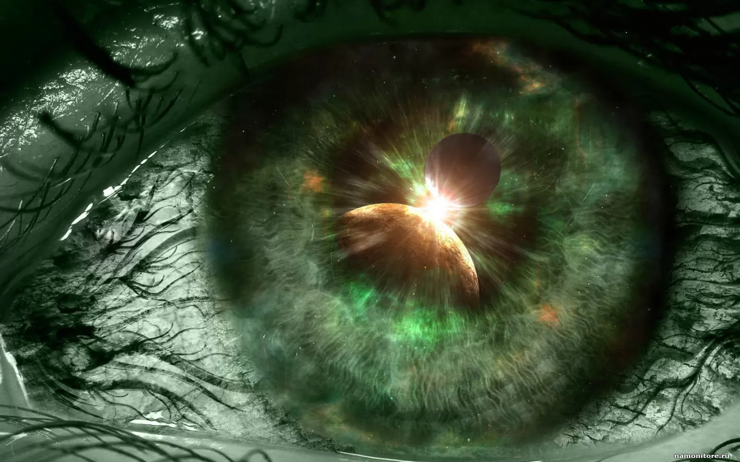 Отражение вселенной, глаз, зеленое, рисованное х