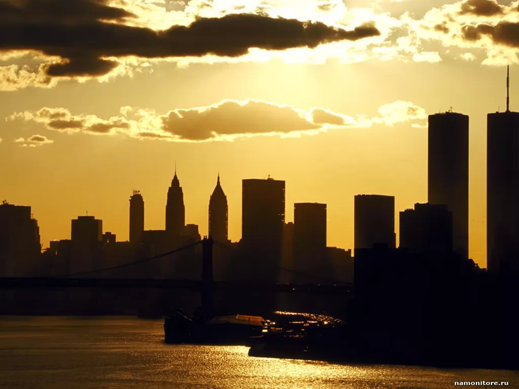 New York, Америка, города и страны, закат, небоскрёбы, Нью-Йорк, оранжевое х