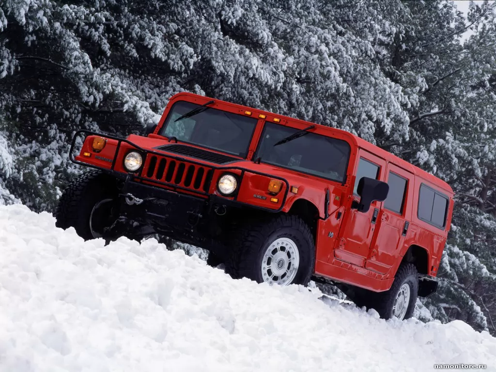 Красный Hummer H1 в снегах, Hummer, автомобили, внедорожник, зима, красное, техника х