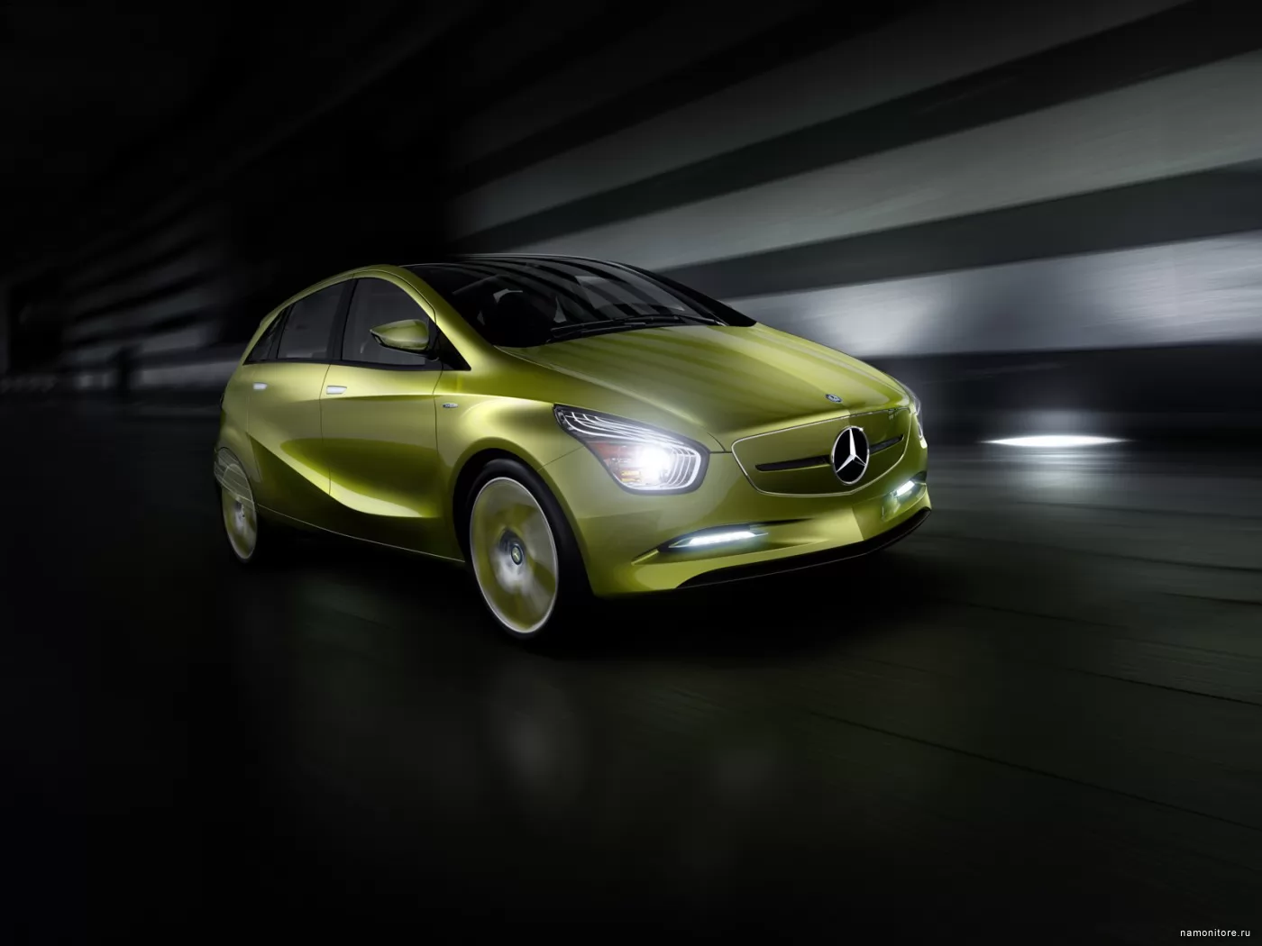 Mercedes-Benz BlueZero Concept, 3D, Mercedes-Benz, автомобили, жёлтое, золотистое, концепт, рисованное, скорость, техника, чёрное, шоссе х