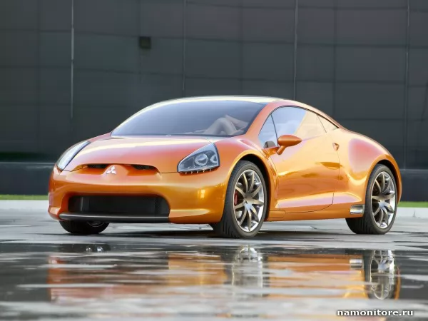 Orange Mitsubishi Eclipse-Concept-E on wet asphalt, Mitsubishi