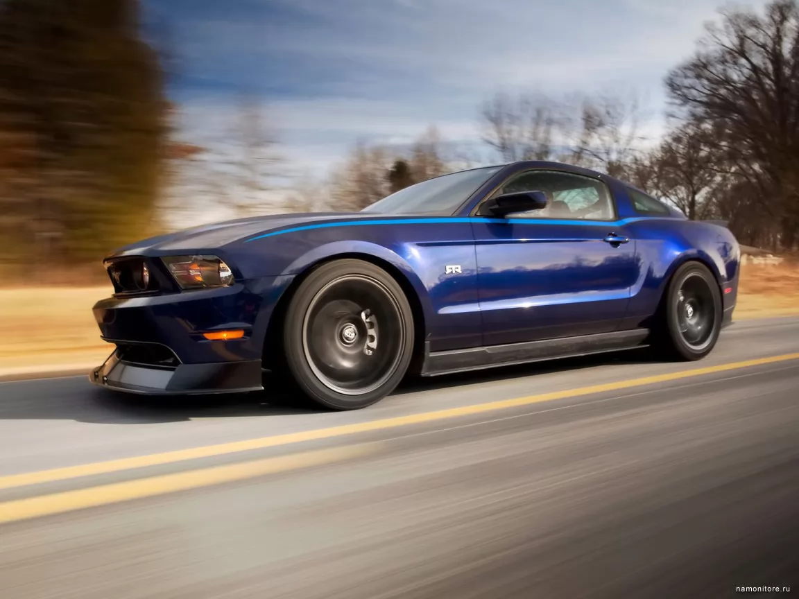Ford Mustang RTR Package мчится по дороге, Ford, Mustang, автомобили, синее, скорость, техника, шоссе х