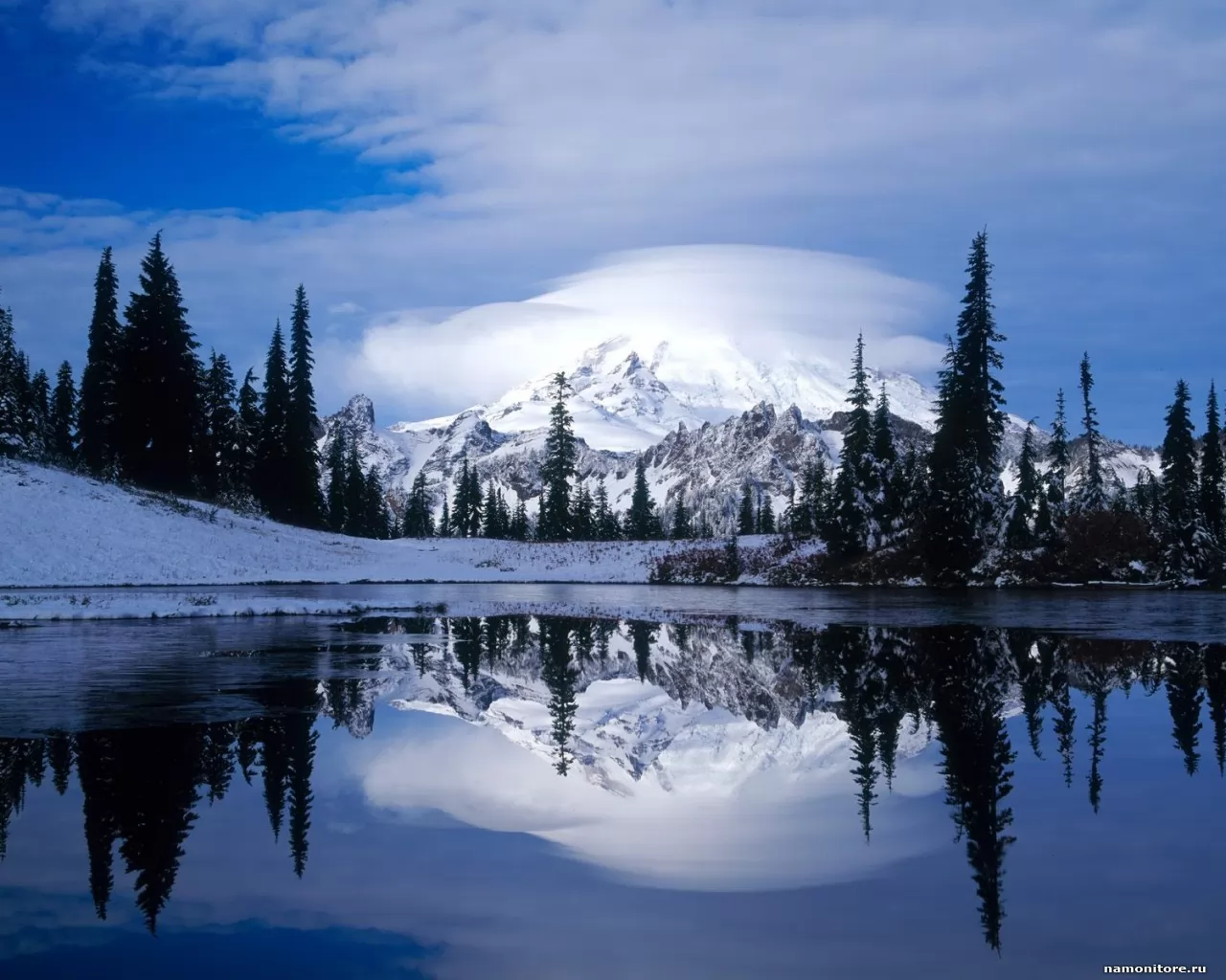 Mountain in a cap of snow and clouds, dark blue, forest, lake, mountains, nature, winter x