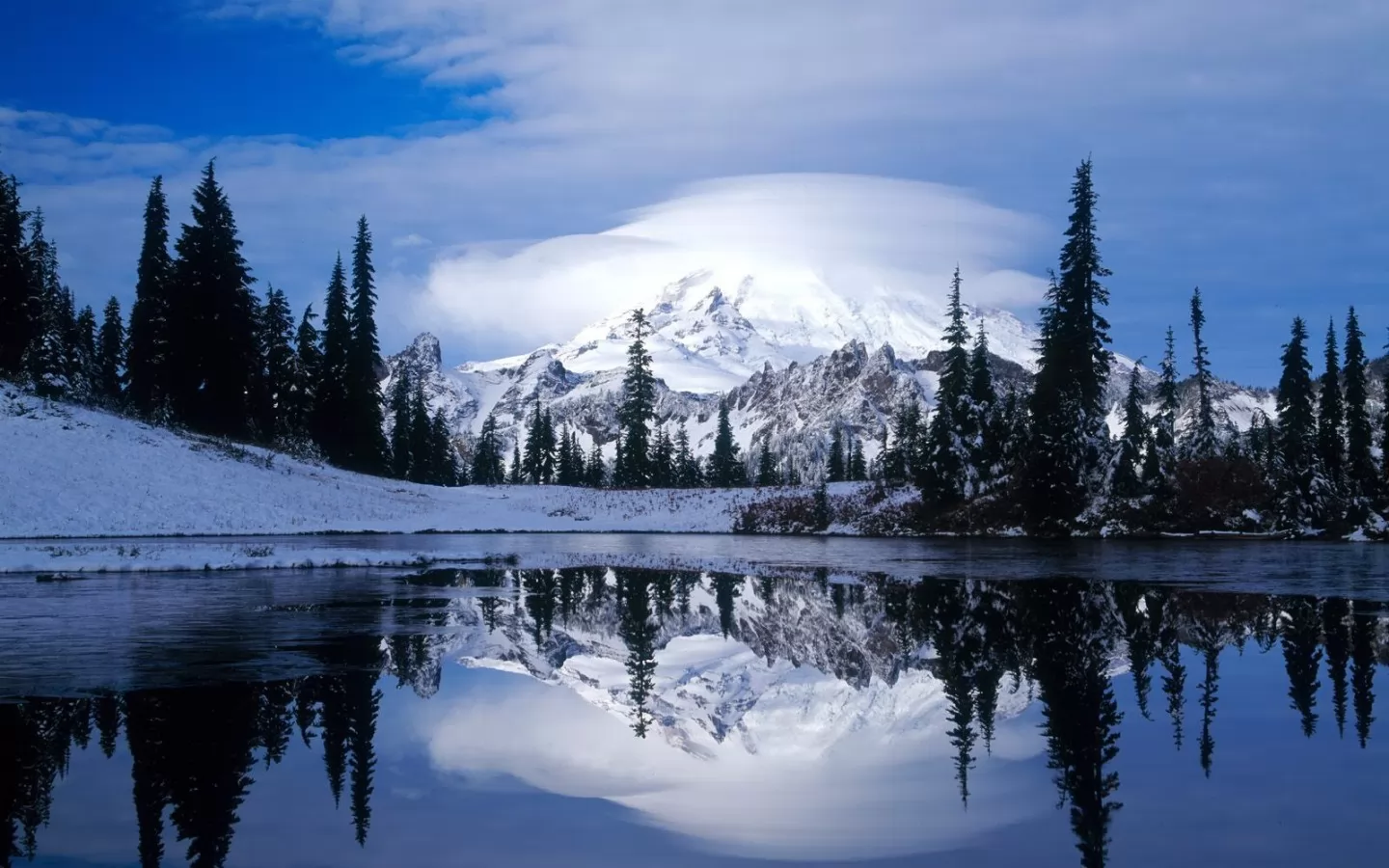 Mountain in a cap of snow and clouds, dark blue, forest, lake, mountains, nature, winter x