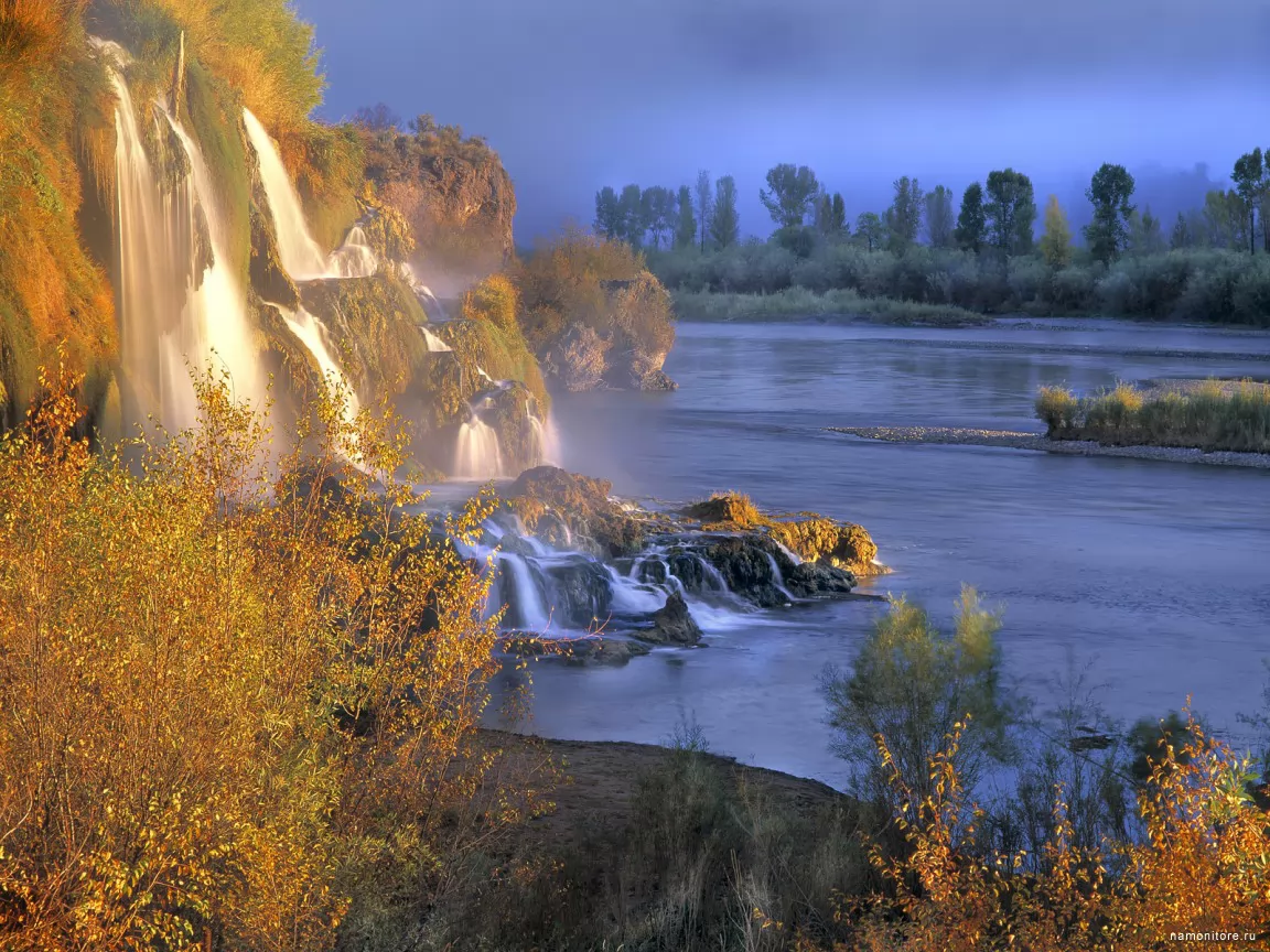 Водопад в Айдахо, Америка, водопады, жёлтое, золотистое, лучшее, осень, пейзажи, природа, синее х