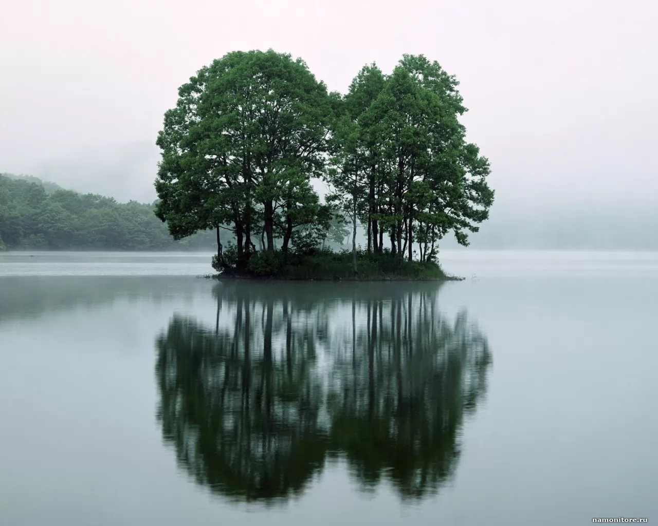 Япония. Lake Sohara, Fukushima, озеро, остров, природа, туман, Япония х