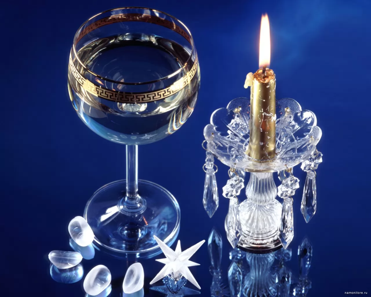 Glass and a candle, dark blue, drinks, holidays, New year, still-life x