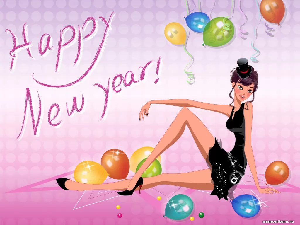 Девушка и воздушные шарики, девушки, Новый год, праздники, рисованное, розовое х