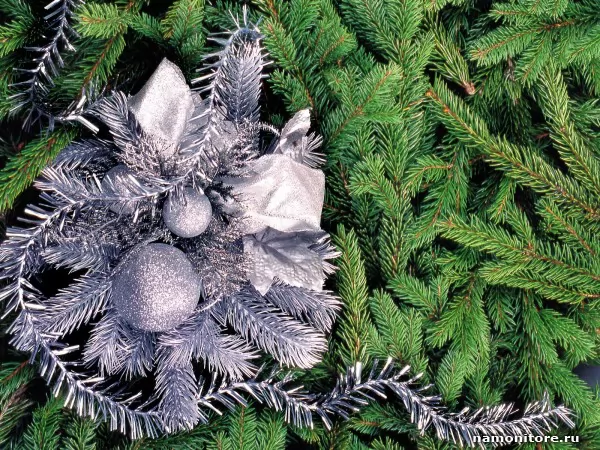 Silvery New Year`s ornaments on a fur-tree, New year