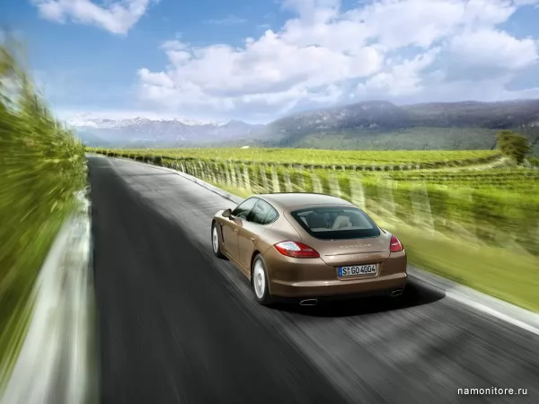 Porsche Panamera летит по дороге вдоль виноградников, Panamera